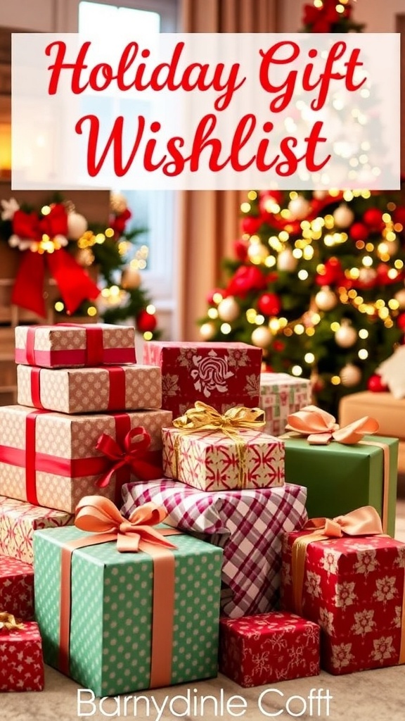 A festive holiday gift wishlist with wrapped presents and a decorated Christmas tree in a cozy living room.